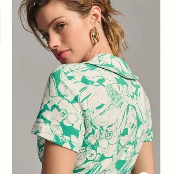 Anthropologie Maeve Green Floral Rouched Blouse Button Size XS - Picture 4 of 9